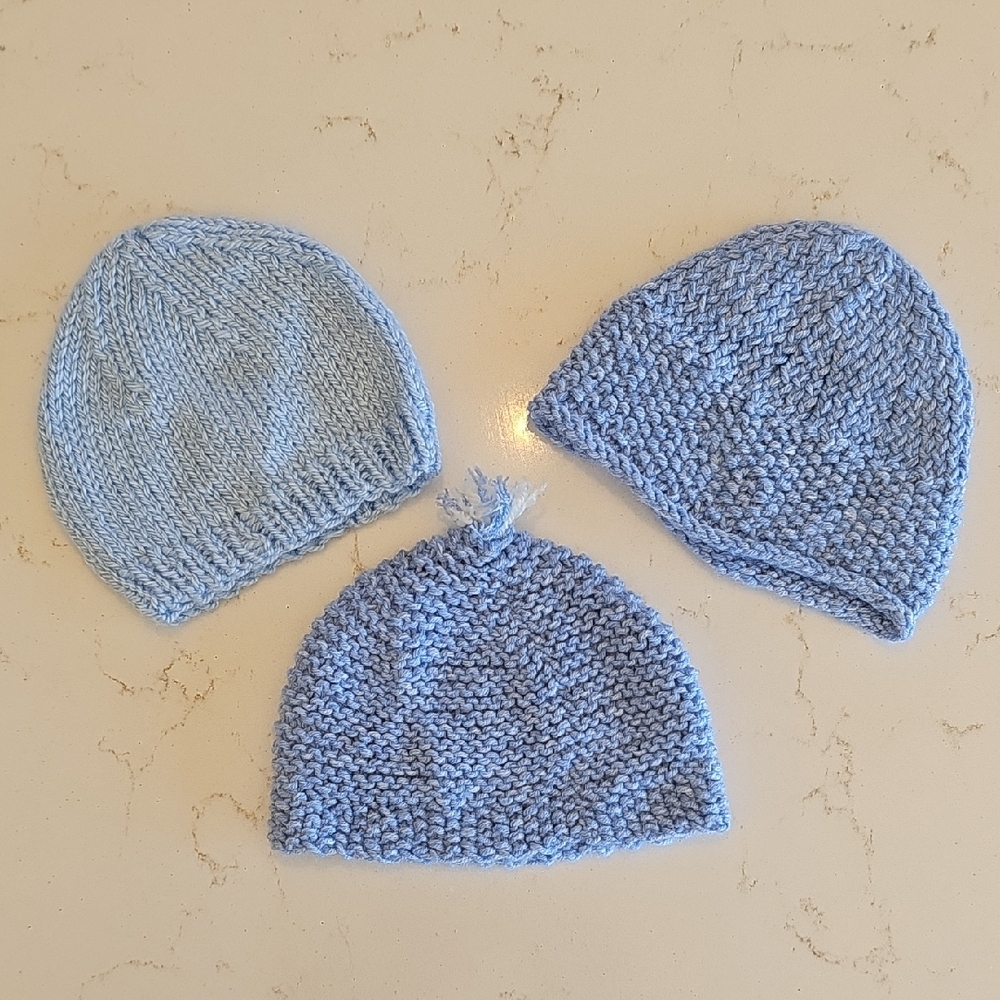 Hand Knitted Blue Baby Beanie Set